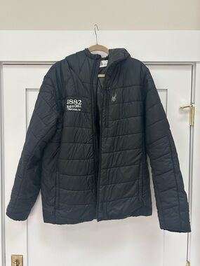 Black Hooded Puffy Jacket with Embroidered Logo